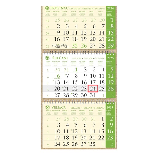[021770] Kalendar trodjelni sirio EKO ZELENI, spiral bound three fold (3x12 sheets) 25x68cm, logo print area: 25x17cm, date indicator, bag (recycled paper) "not bound"