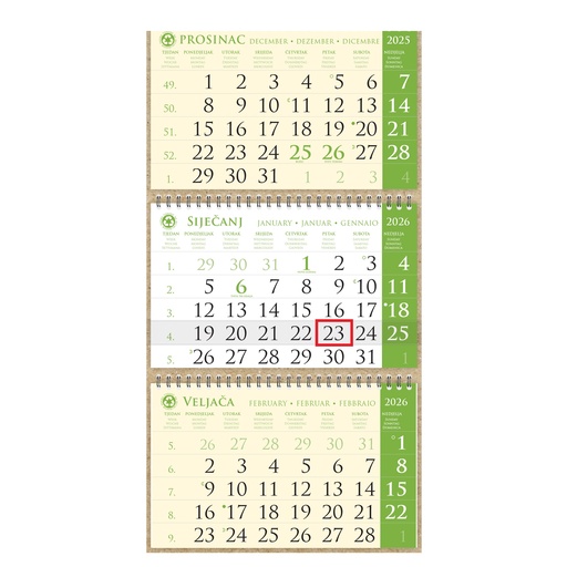 [021770] Kalendar trodjelni sirio EKO ZELENI, spiral bound three fold (3x12 sheets) 25x68cm, logo print area: 25x17cm, date indicator, bag (recycled paper) "not bound"