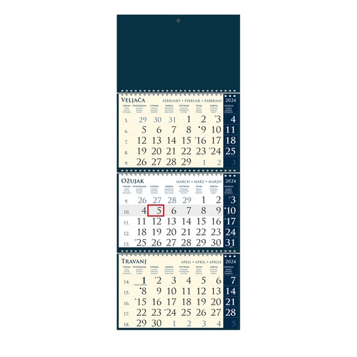 [000172] "Poslovni SIRIO Dark Blue" trodjelni kalendar, 3x12 list., dim:25x65cm, vrećica, pokazivač, P/50