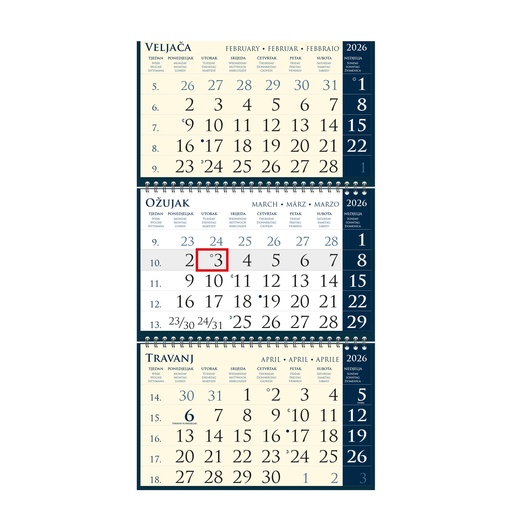[0001720      ] "Poslovni SIRIO dark blue" neuvezani trodijelni kalendar, 3x12list., dim:25x68cm, vrećica, pokazivač, P/50