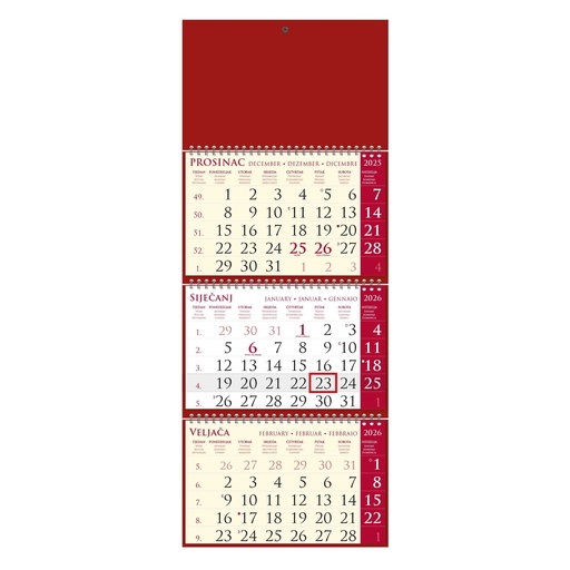 [000173] "Poslovni SIRIO cherry" three month calendar, 3x12 sheets, format:25x65cm, bag, date indicator, P/50