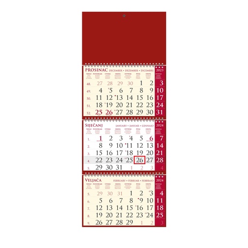 [000173] "Poslovni SIRIO cherry" trodjelni kalendar, 3x12 list., dim:25x65cm, vrećica, pokazivač, P/50