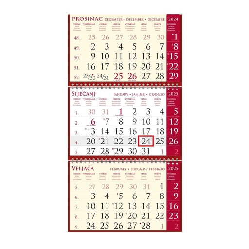 [0001730] "Poslovni SIRIO cherry" three month calendar, 3x12 sheets, format:25x65cm, bag, date indicator, P/50, NOT BOUND