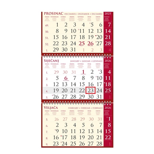 [0001730] "Poslovni SIRIO cherry" trodijelni kalendar, 3x12 list., dim:25x65cm, vrećica, pokazivač, P/50 neuvezani