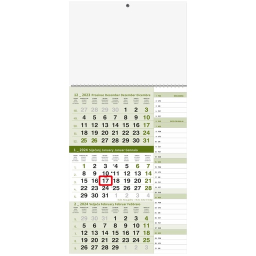 [000175       ] "Poslovni ZELENI PLANER" trodjelni kalendar, 12 list., dim: 29,5x62cm, PVC vrećica, pokazivač, P/50
