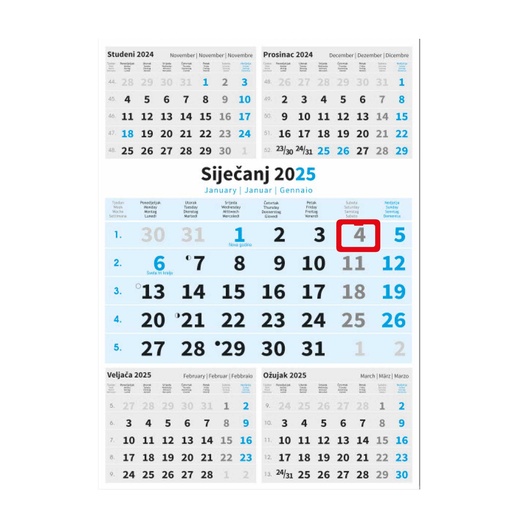[0001240      ] " Poslovni PLAVI 5 mj." three month calendar, 12 sheets, format: 29,5x62cm, PVC bag, date indicator, P/50 NOT BOUND