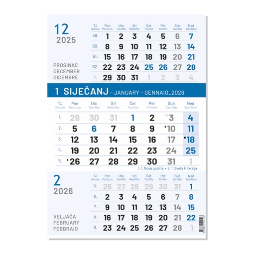 [0002270      ] "Poslovni PLAVI" neuvezani B4 trodjelni kalendar, 12 list., dim: 24x53,5 cm, PVC vrećica, pokazivač, P/50
