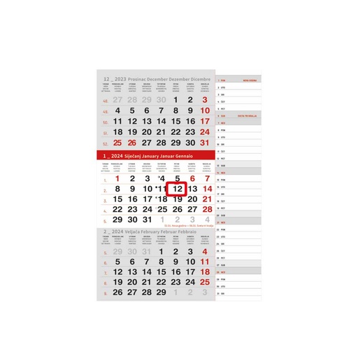 [0021760] "Poslovni SIVO CRVENI planer" three month calendar, 12 sheets, format: 29,5x62cm, PVC bag, date indicator, P/50, not bound