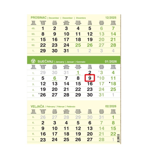 [0043820] Kalendar trodjelni poslovni EKO ZELENI, spirala (12 l) 29,5x62 cm, nad. 29,5x20cm, pok, vrećica (reciklirani papir) "NZ"