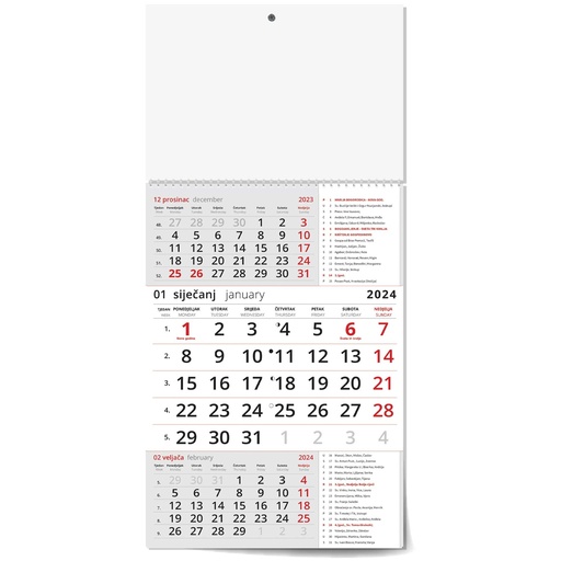 [006670] "Poslovni CRVENI S KATOLIČKIM KALENDAROM" trodjelni kalendar, 12 list., dim: 29,5x62cm, PVC vrećica, pokazivač, P/50