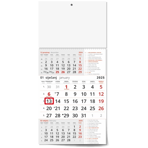 [006670] "Poslovni CRVENI S KATOLIČKIM KALENDAROM" trodjelni kalendar, 12 list., dim: 29,5x62cm, PVC vrećica, pokazivač, P/50