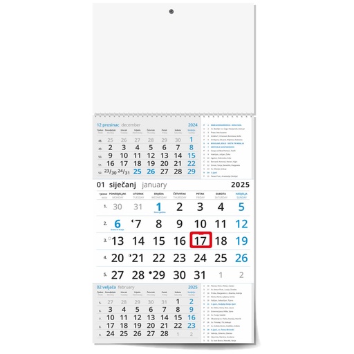 [006671] "Poslovni PLAVI S KATOLIČKIM KALENDAROM" trodjelni kalendar, 12 list., dim: 29,5x62cm, PVC vrećica, pokazivač, P/50
