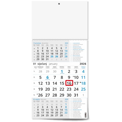 [006671] "Poslovni PLAVI S KATOLIČKIM KALENDAROM" trodjelni kalendar, 12 list., dim: 29,5x62cm, PVC vrećica, pokazivač, P/50