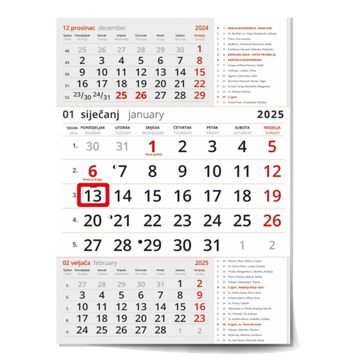 [0066700] "Poslovni  CRVENI S KATOLIČKIM KALENDAROM" three month calendar, 12 sheets, format: 29,5x62cm, PVC bag, date indicator, P/50, NOT BOUND