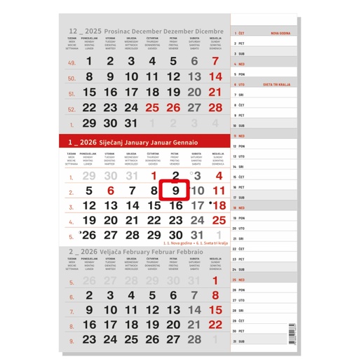 [0066700] "Poslovni CRVENI S KATOLIČKIM KALENDAROM" neuvezani trodjelni kalendar, 12 list., dim: 29,5x62cm, PVC vrećica, pokazivač, P/50 NZ