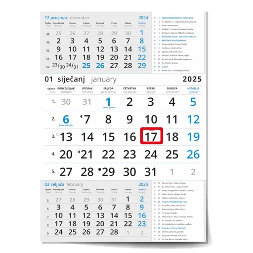 [0066710] "Poslovni  PLAVI S KATOLIČKIM KALENDAROM" three month calendar, 12 sheets, format: 29,5x62cm, PVC bag, date indicator, P/50 NOT BOUND
