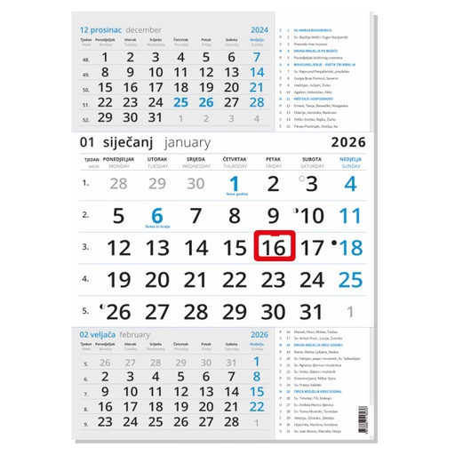 [0066710] "Poslovni  PLAVI S KATOLIČKIM KALENDAROM" three month calendar, 12 sheets, format: 29,5x62cm, PVC bag, date indicator, P/50 NOT BOUND