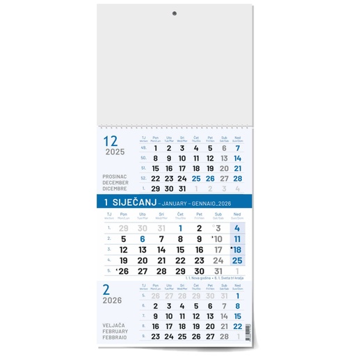 [000227       ] "Poslovni PLAVI" B4 trodjelni kalendar, 12 list., dim: 24x53,5 cm, PVC vrećica, pokazivač, P/50