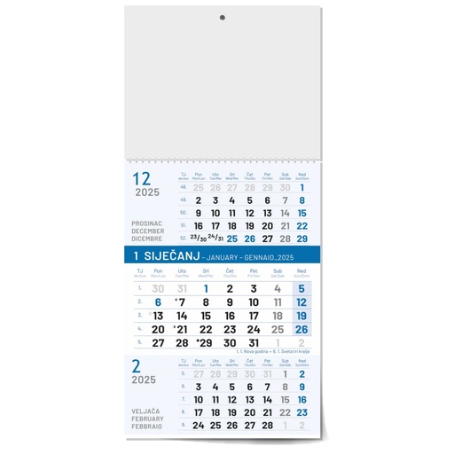 [000227       ] "Poslovni PLAVI" B4 trodjelni kalendar, 12 list., dim: 24x53,5 cm, PVC vrećica, pokazivač, P/50