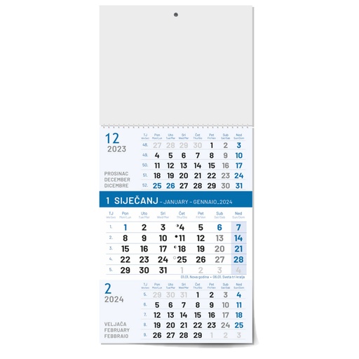 [000227       ] "Poslovni PLAVI" B4 trodjelni kalendar, 12 list., dim: 24x53,5 cm, PVC vrećica, pokazivač, P/50