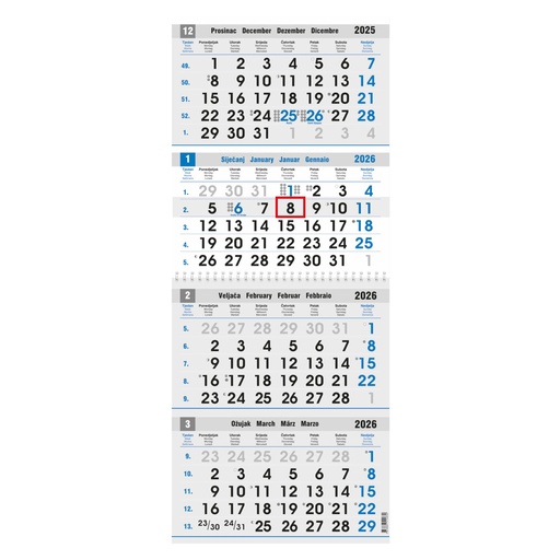 [0002330] "Poslovni PLAVO-SIVI" neuvezani četverodijelni kalendar, 12 list. x 2, dim: 27,5x87cm, PVC vrećica, pokazivač, P/25 NZ