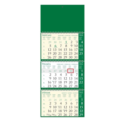 [000107] "Poslovni SIRIO Pino Verde zeleni" three month calendar, 3x12 sheets, format: 25x65cm, bag, date indicator, P/50