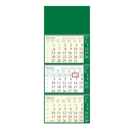 [000107] "Poslovni SIRIO Pino Verde zeleni" trodjelni kalendar, 3x12 list., dim: 25x65cm, vrećica, pokazivač, P/50