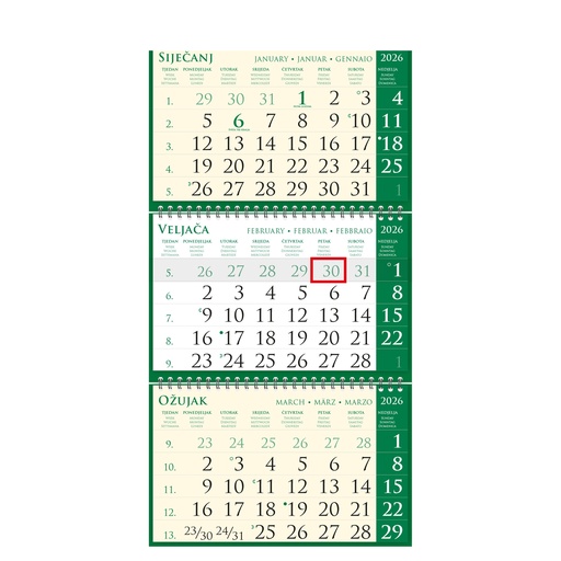 [0001070      ] "Poslovni SIRIO pino verde ZELENI" neuvezani trodijelni kalendar, 3x12list., dim:25x68cm, vrećica, pokazivač, P/50